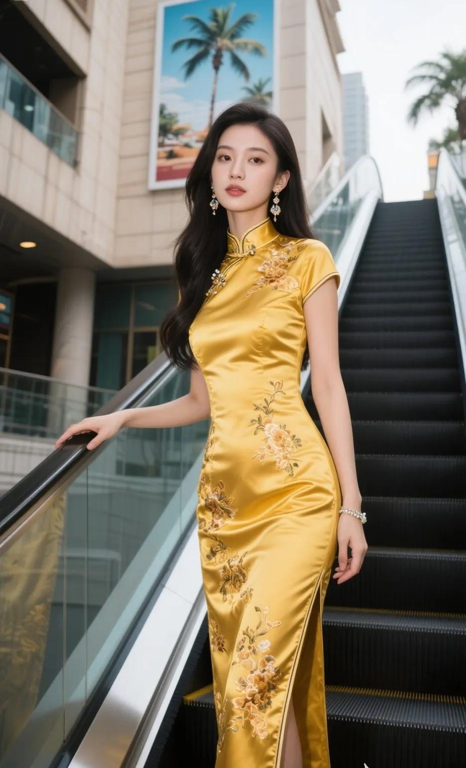 太美了，这姑娘穿着旗袍走下自动扶梯新中式旗袍美女 旗袍旅游  旗袍秀一 美女 旗