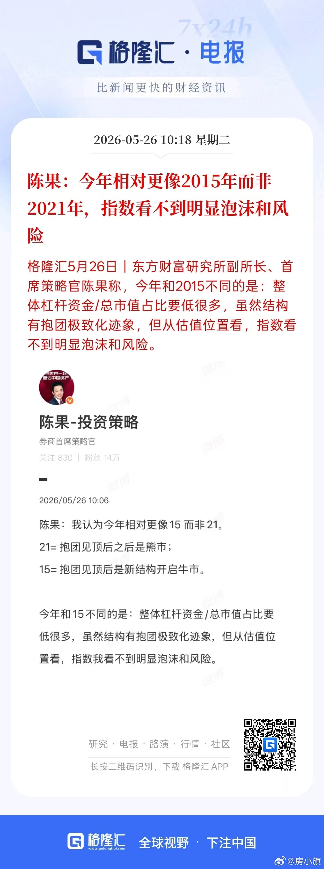 陈果：今年相对更像2015年而非2021年，指数看不到明显泡沫和风险 