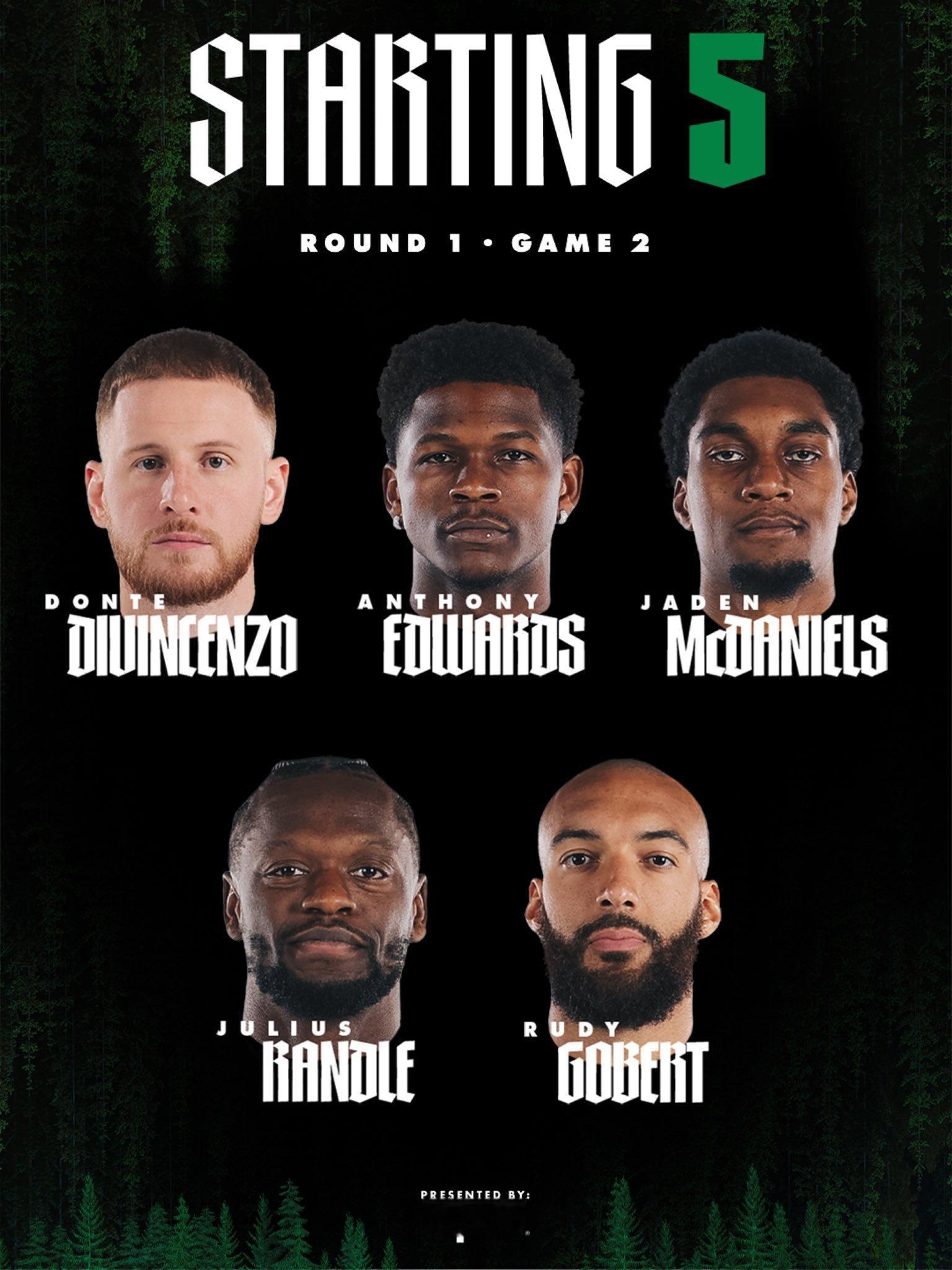 掘金与森林狼Game2首发：穆雷、布劳恩、约翰逊、戈登、约基奇迪文、爱德华兹、麦