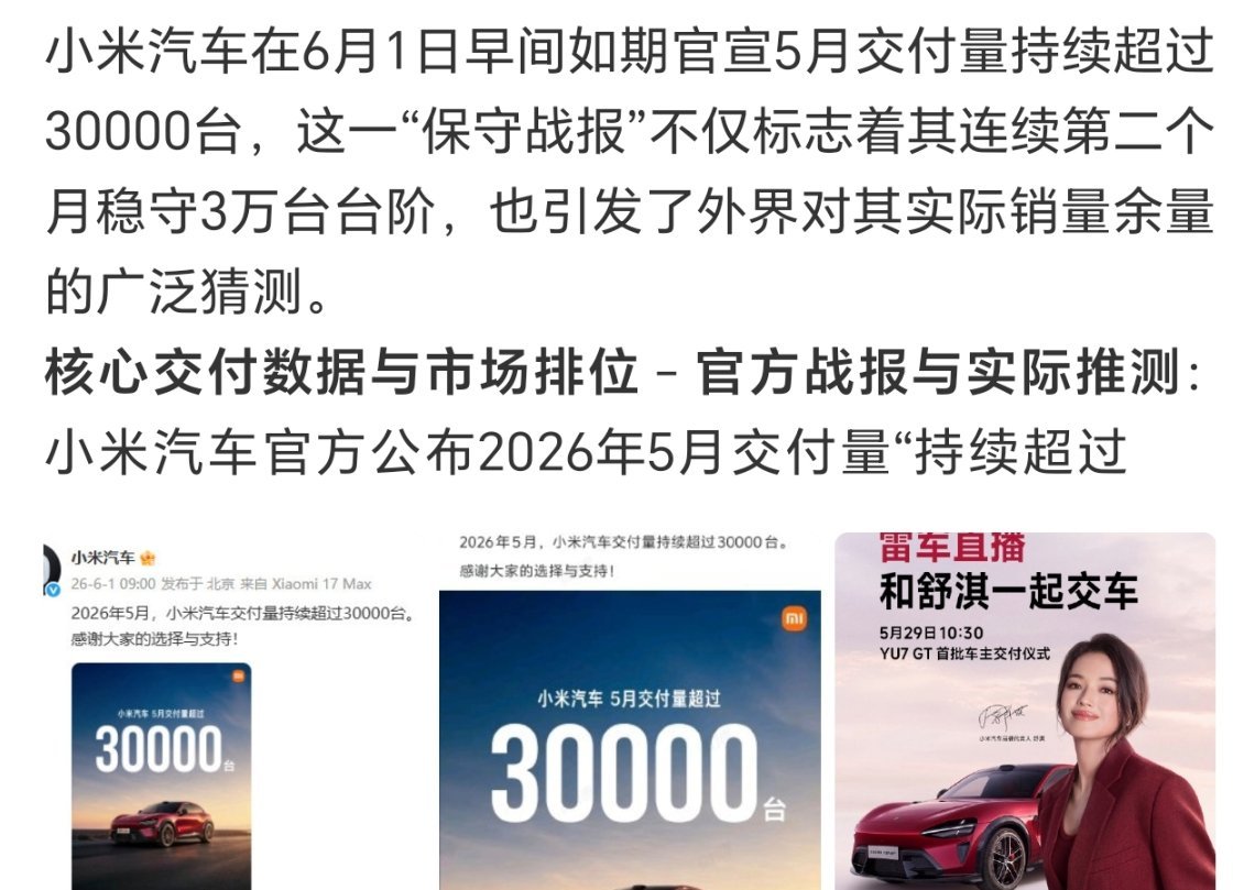 小米汽车5月交付超过30000台这交付速度 也真是可以啊～受众群还是很给力的 
