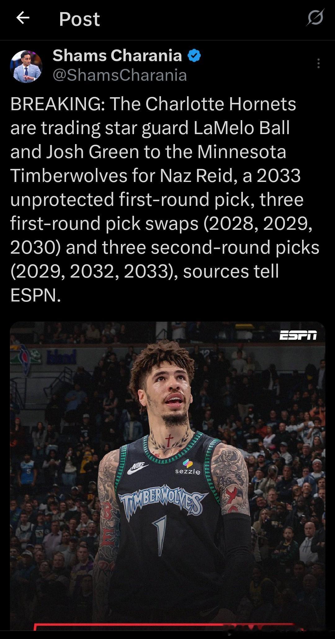 突发：消息人士告诉 ESPN，夏洛特黄蜂将明星后卫拉梅洛·鲍尔和约什·格林交易至