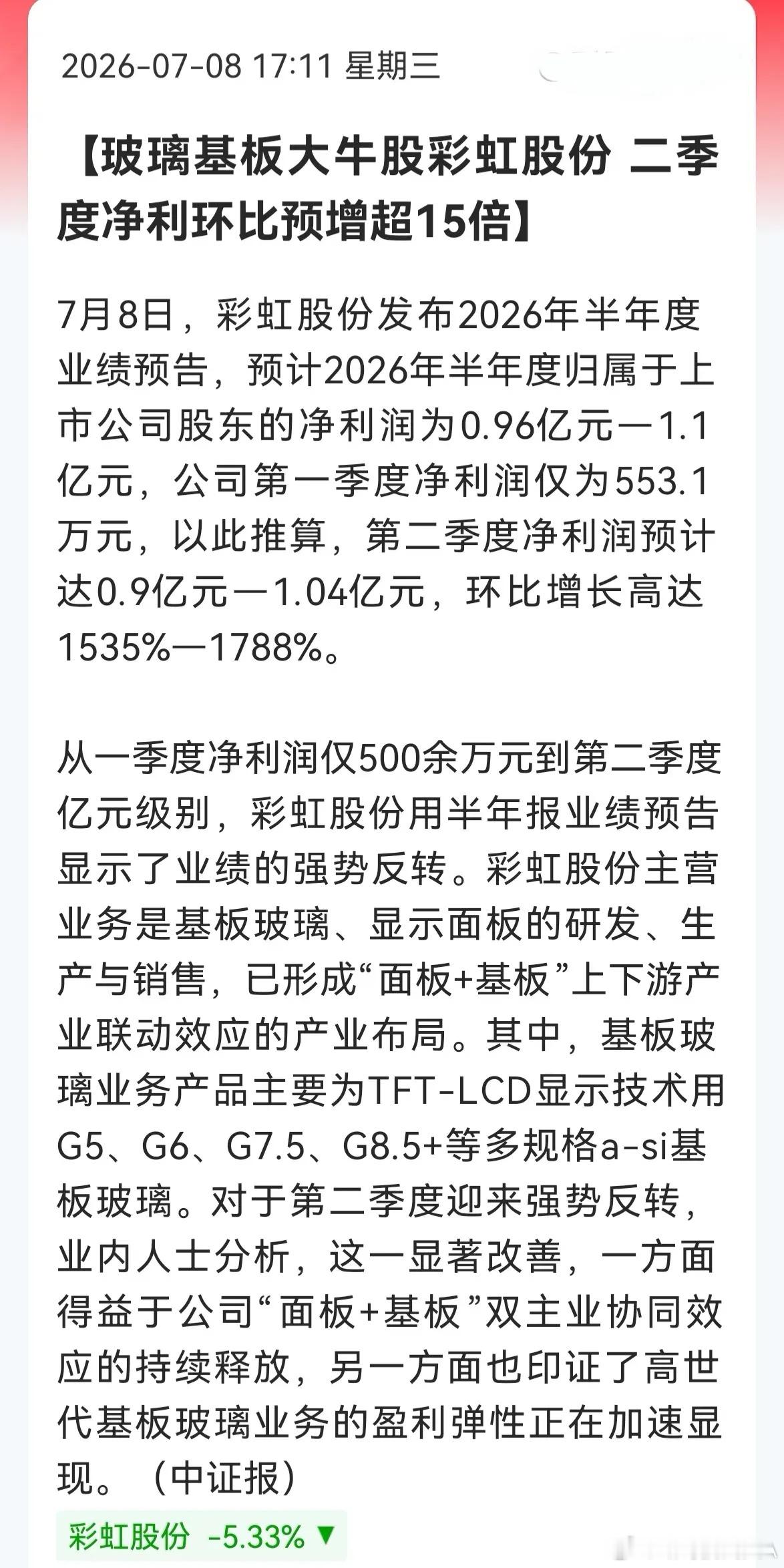 彩虹股份这预告，刚割的得拍大腿7月8日盘后半年报预告：二季度单季净利0.9-1.