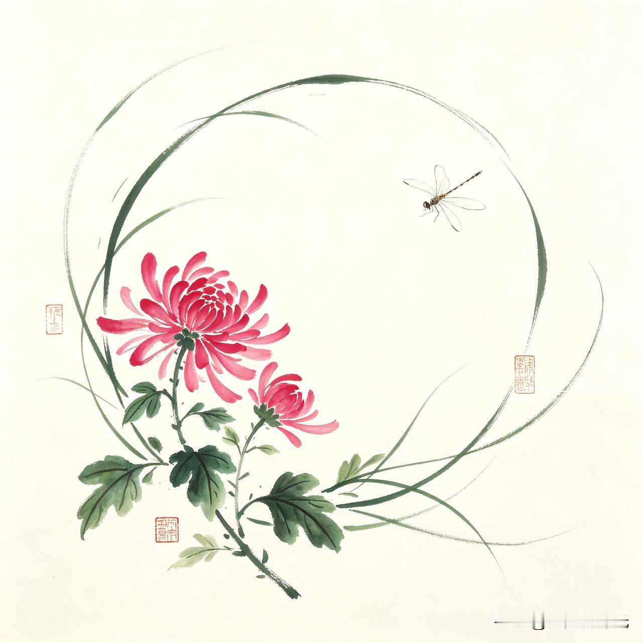 秋菊蜻蜓
浅宣纸上，一丛红菊舒展芳姿，墨绿枝叶清雅。细劲的笔锋绕成柔婉圆环，蜻蜓