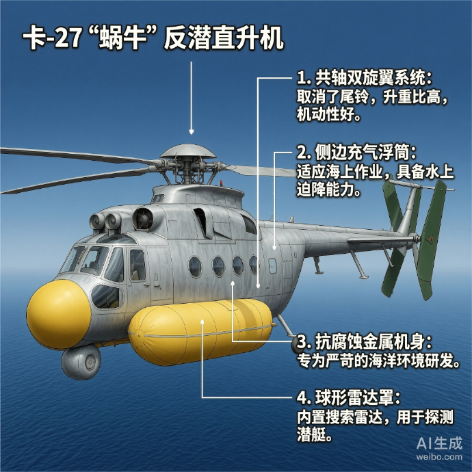 军事ai新视野 俄罗斯卡-27“蜗牛”反潜直升机卡-27是卡莫夫设计局为俄罗斯海