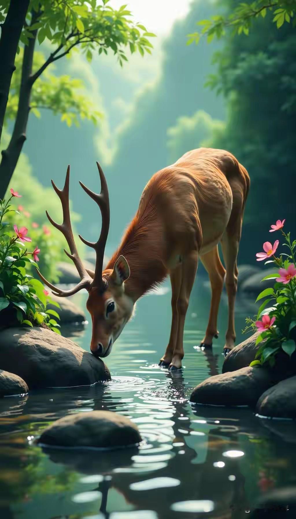 静谧森林中的鹿，轻触水面的瞬间，仿佛时间静止。跑起来的鹿 鹿鹿绝美