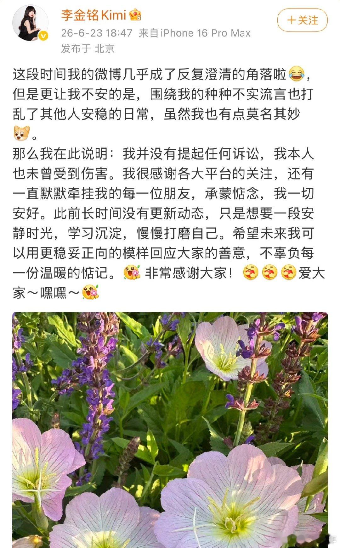 李金铭回应长时间没有更新动态李金铭否认曾受到伤害李金铭否认曾受到伤害，说那些传闻