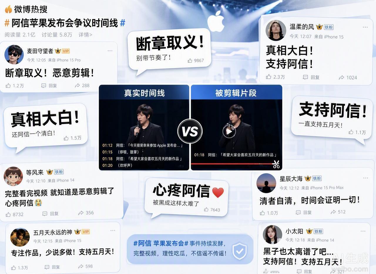 阿信在苹果发布会被传“回避来自中国”，完整视频一看就知道是断章取义。当时阿信还没