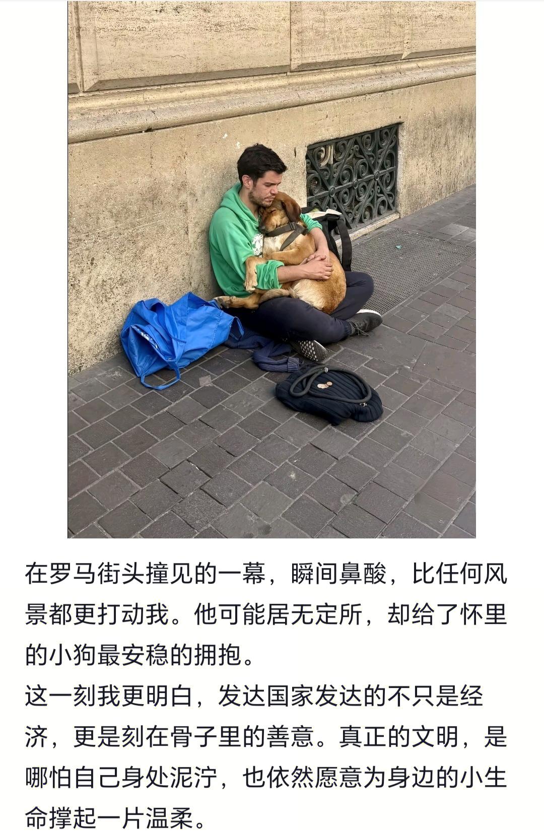 街头暖心的一幕，一个流浪汉和一只小狗温情拥抱。

画面太治愈了，在这个繁华又有些