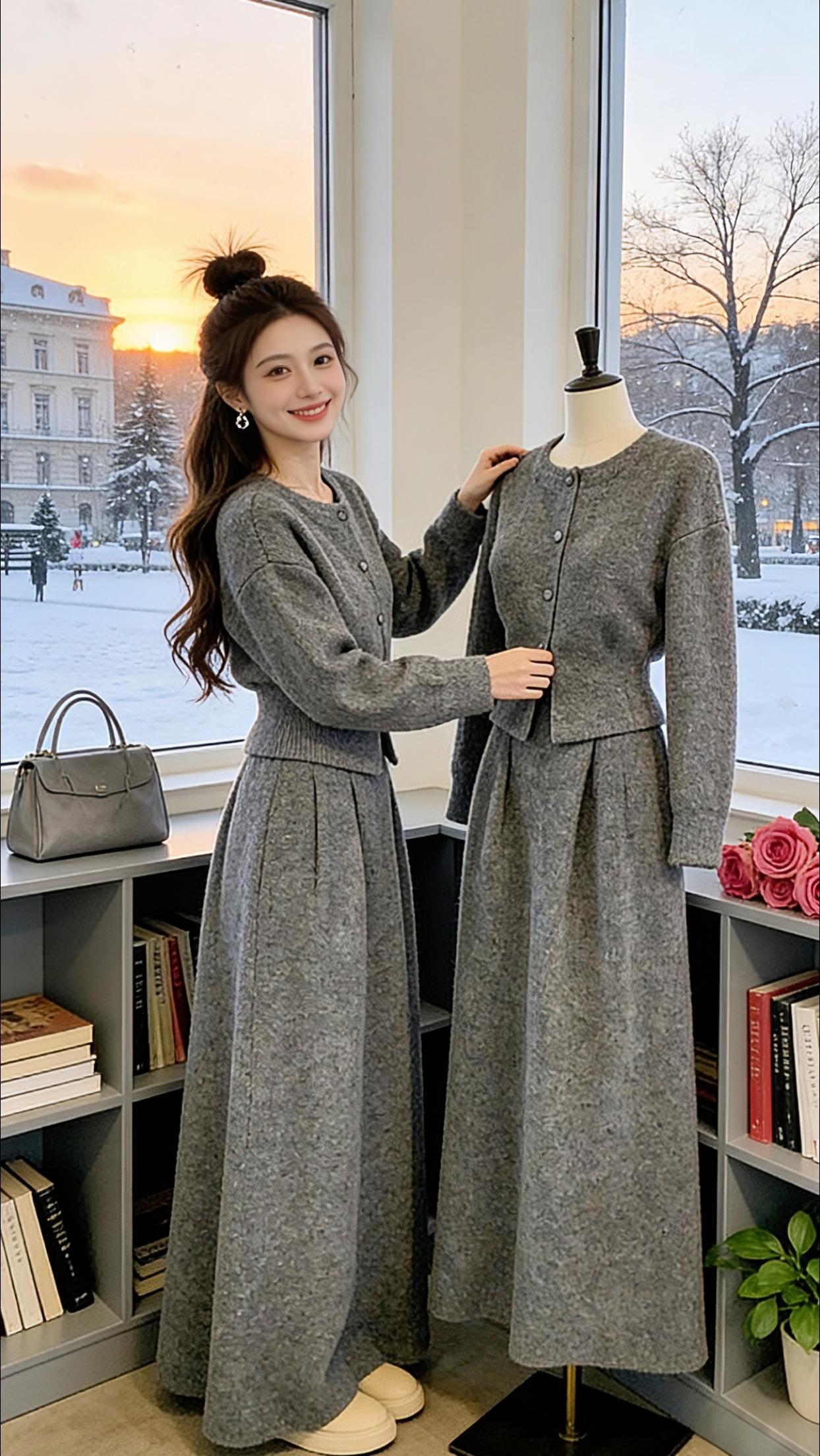 雪落的冬日街头，暖黄路灯晕开温柔光晕，Danny一身极简灰调呢子套装，开衫利落修