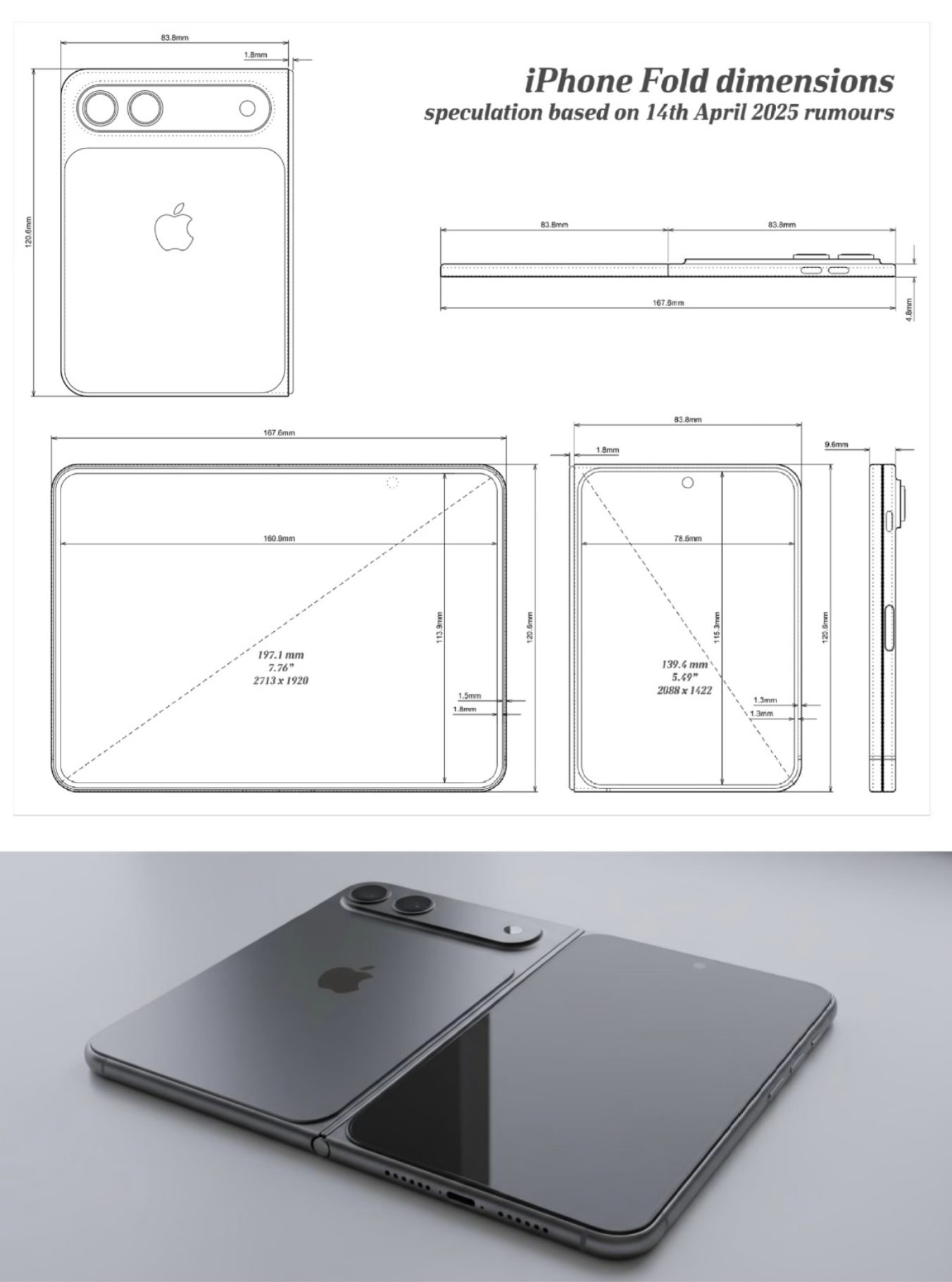 iPhone折叠屏从现在爆料的尺寸来看，展开前120.6mm的高度，83.8mm
