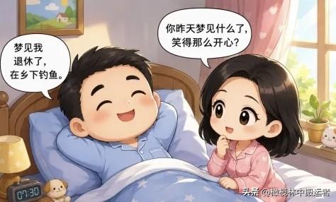 趣味漫画分享：老婆：你昨天梦见什么了，笑得那么开心？老公：梦见我退休了，在乡下钓