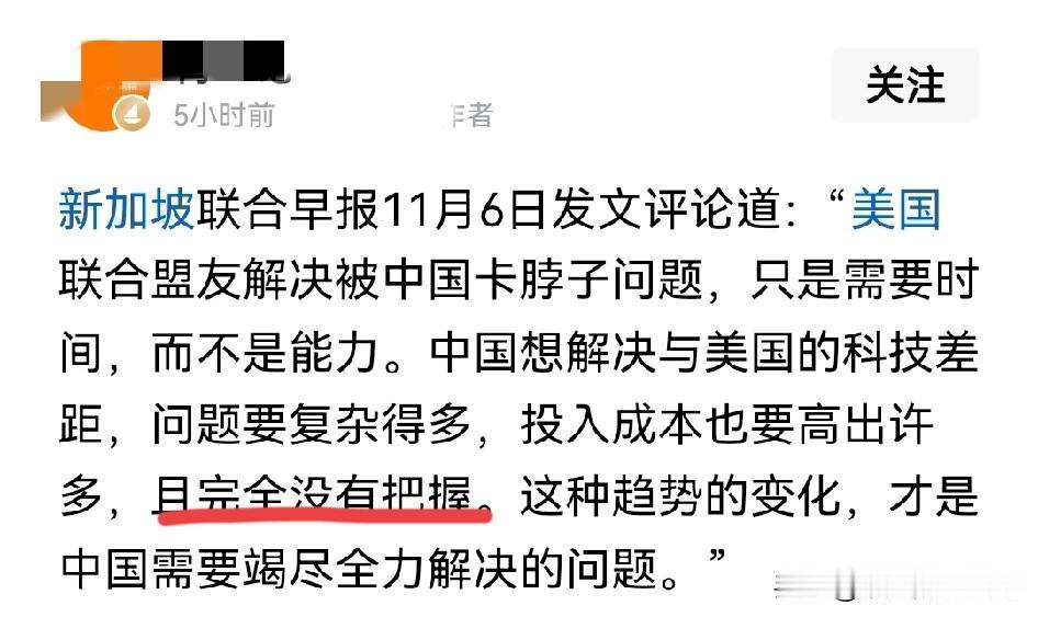 新加坡联合早报：美国解决中国卡脖子问题只需要时间，中国要想突破美国的限制难的多且