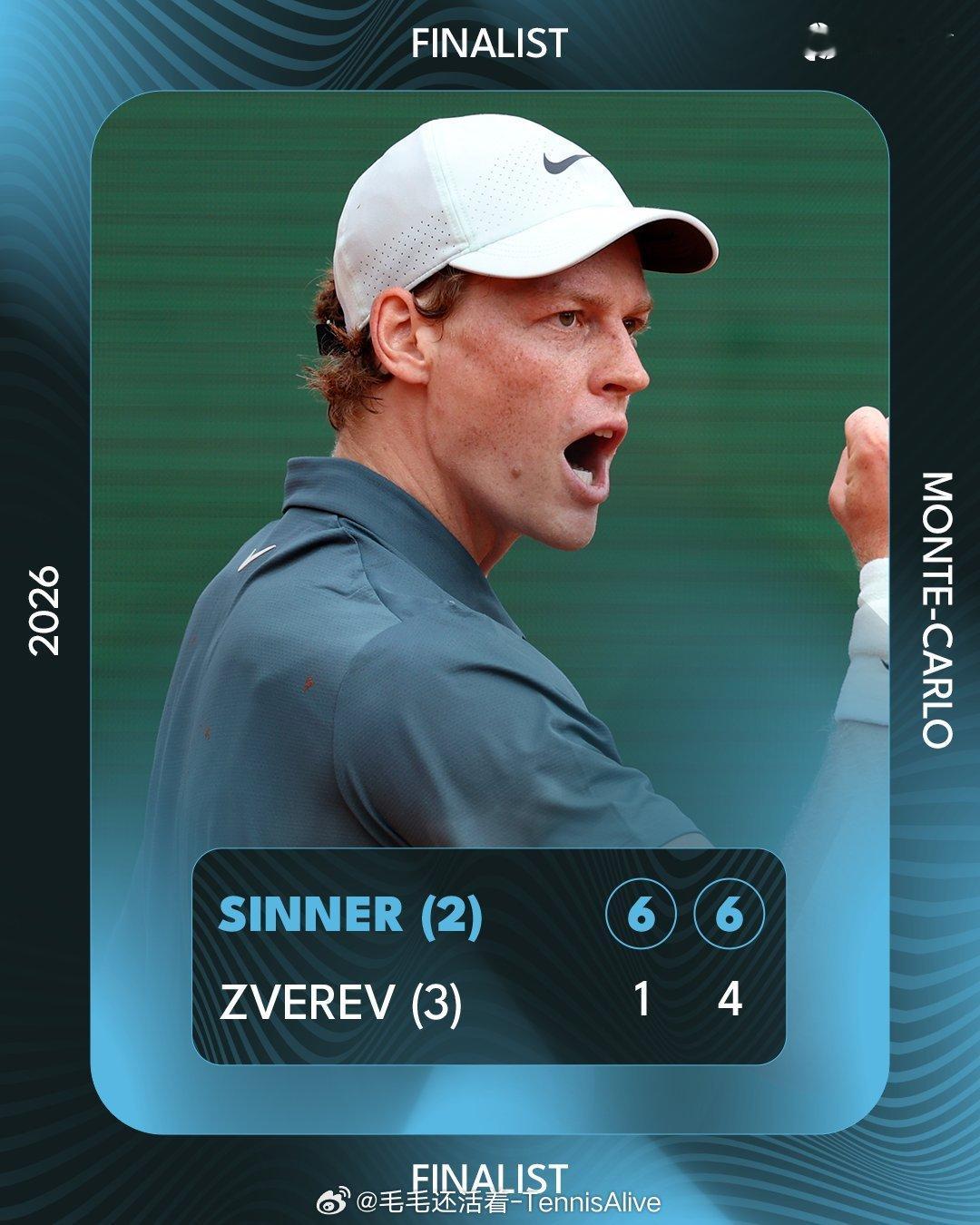 ✅辛纳首进蒙特卡洛决赛✅第四个红土决赛✅辛纳八连胜兹维列夫✅第12个大师赛决赛✅