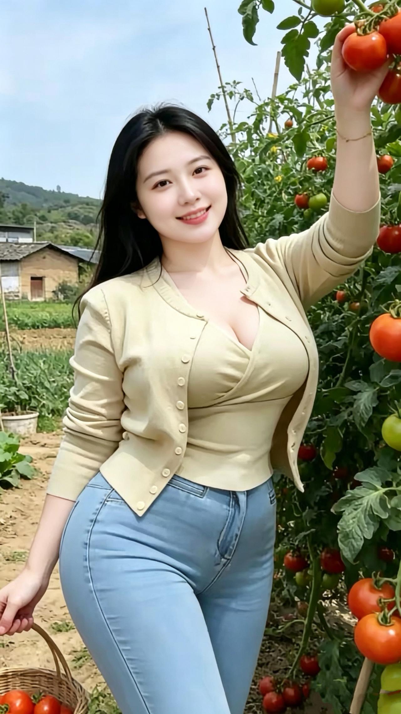 菜园拾撷
翠蔓牵云覆垄长，
素衫轻趁野风香。
纤手撷来丹色小，
笑涡融尽午时光。