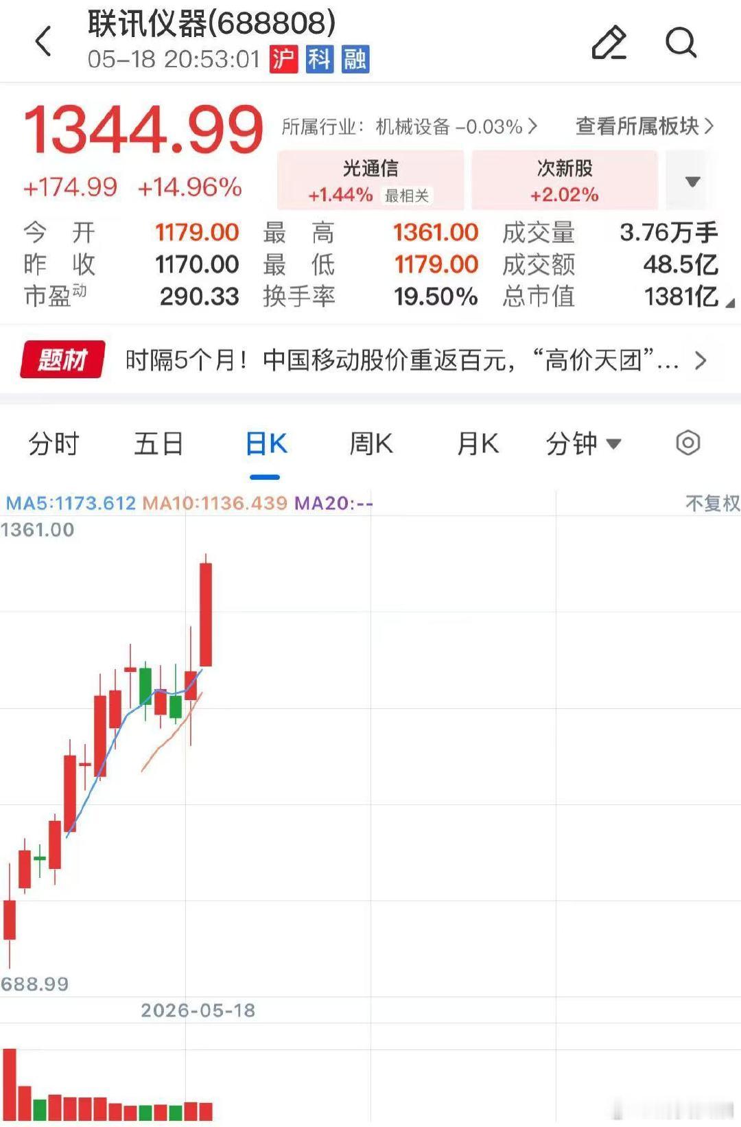【A股新股王提示4大风险 】联讯仪器提示交易风险 5月18日，A股新“股王”联讯