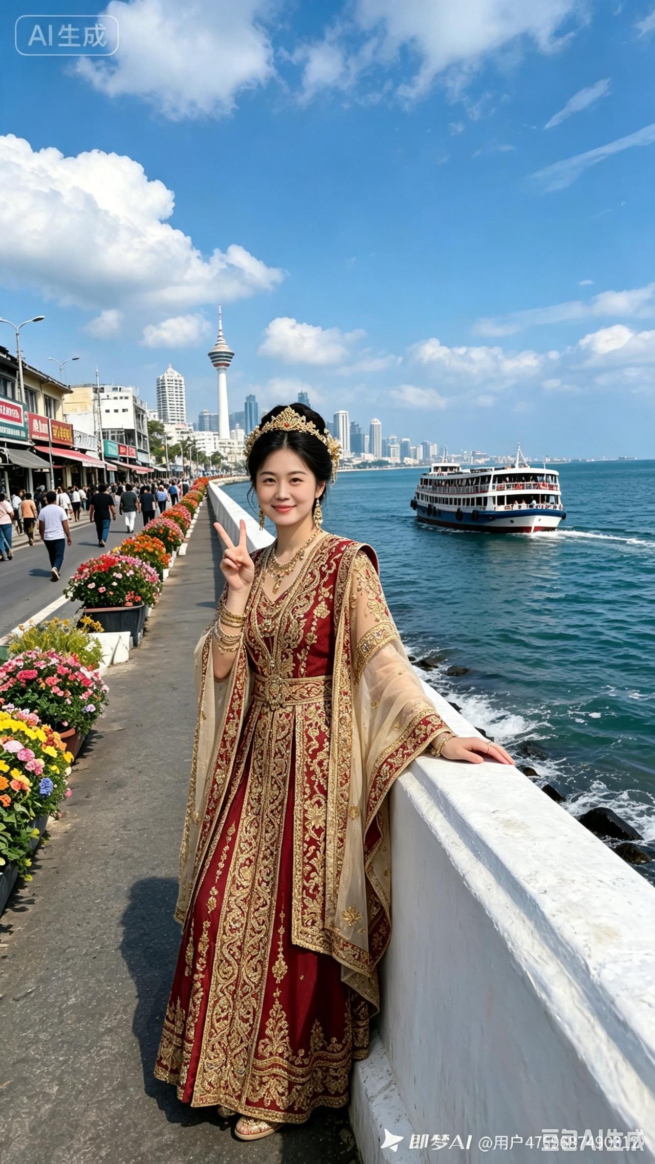 海岸闲游
碧海接天漫远疆，晴空堆絮映波光。
游船破浪翻银练，长道繁花列两旁。
红