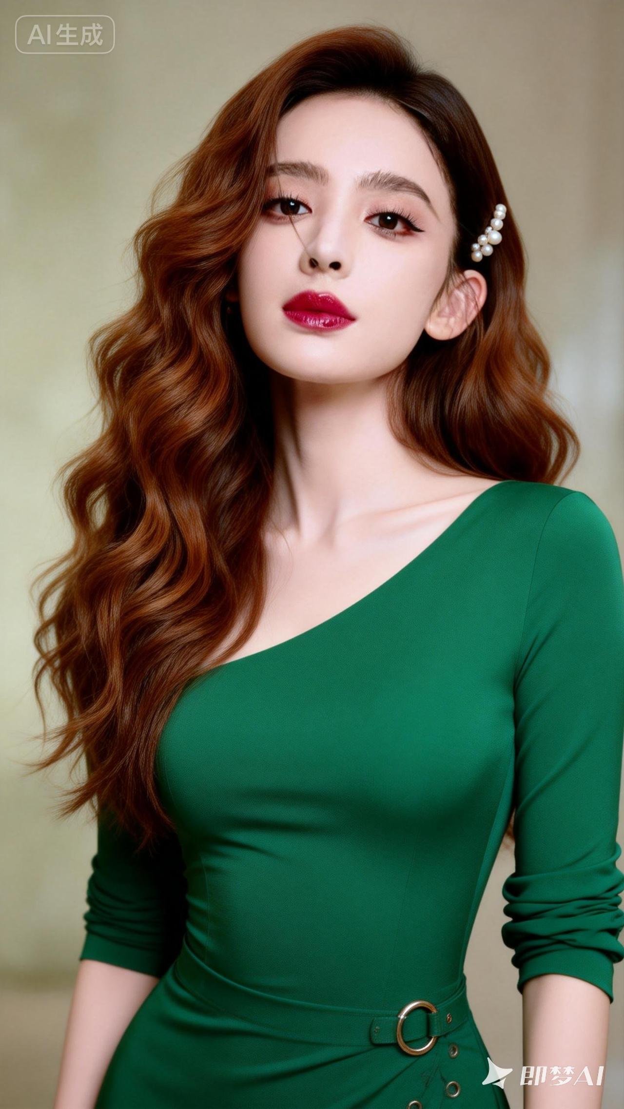 优雅红唇，绿色连衣裙，气质女神范儿