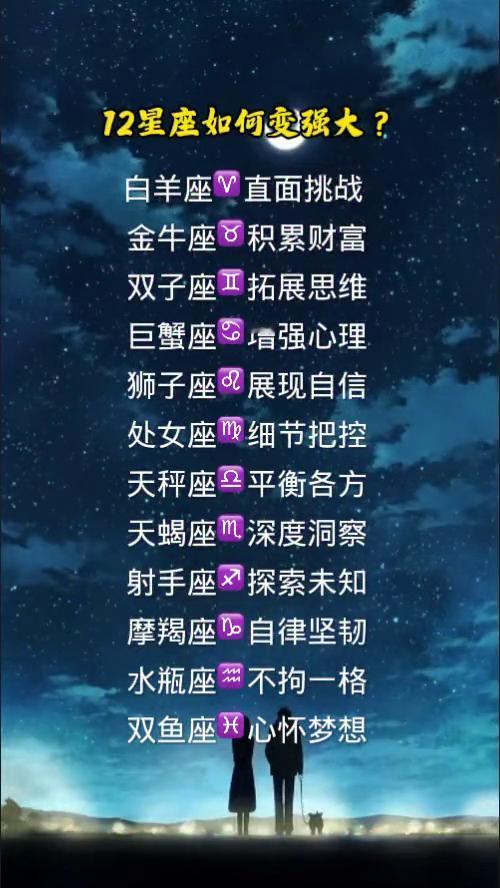 12星座如何变强大？
·白羊座：直面挑战。
·金牛座：积累财富。
·双子座：拓展