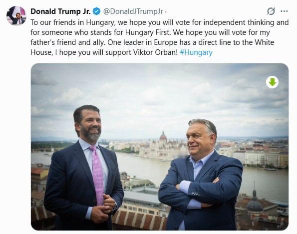 特朗普继续为奥尔班拉票。美国总统之子呼吁匈牙利民众在选举中支持匈牙利总理。"致我