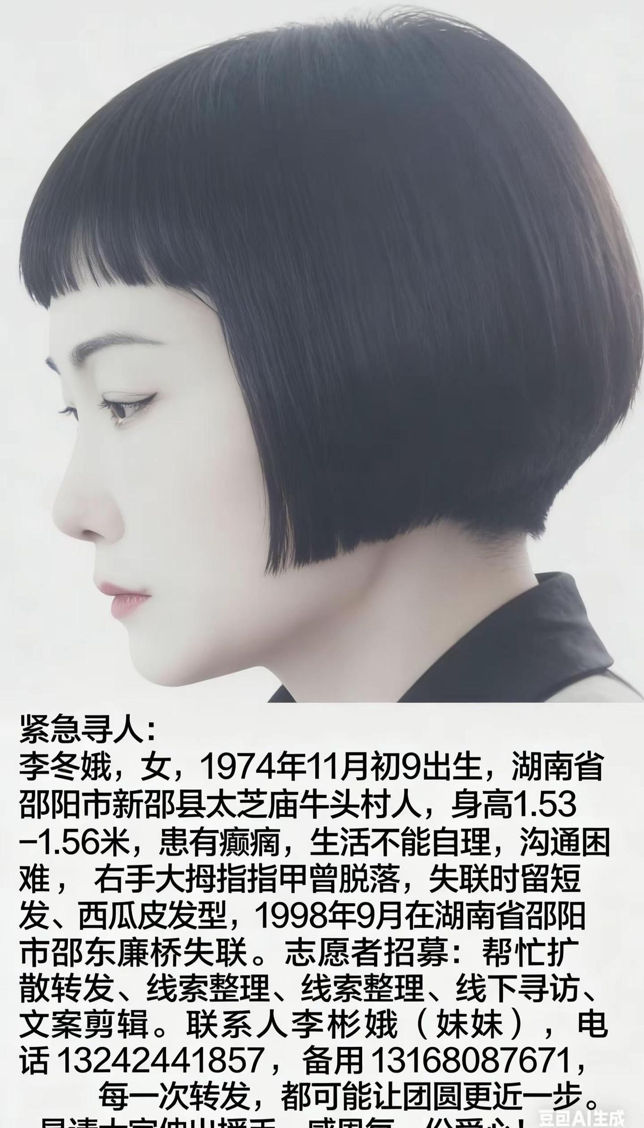 寻人启事：李冬娥，女性，出生于1974年邵阳市新邵县太芝庙牛头村。从小中风而患有