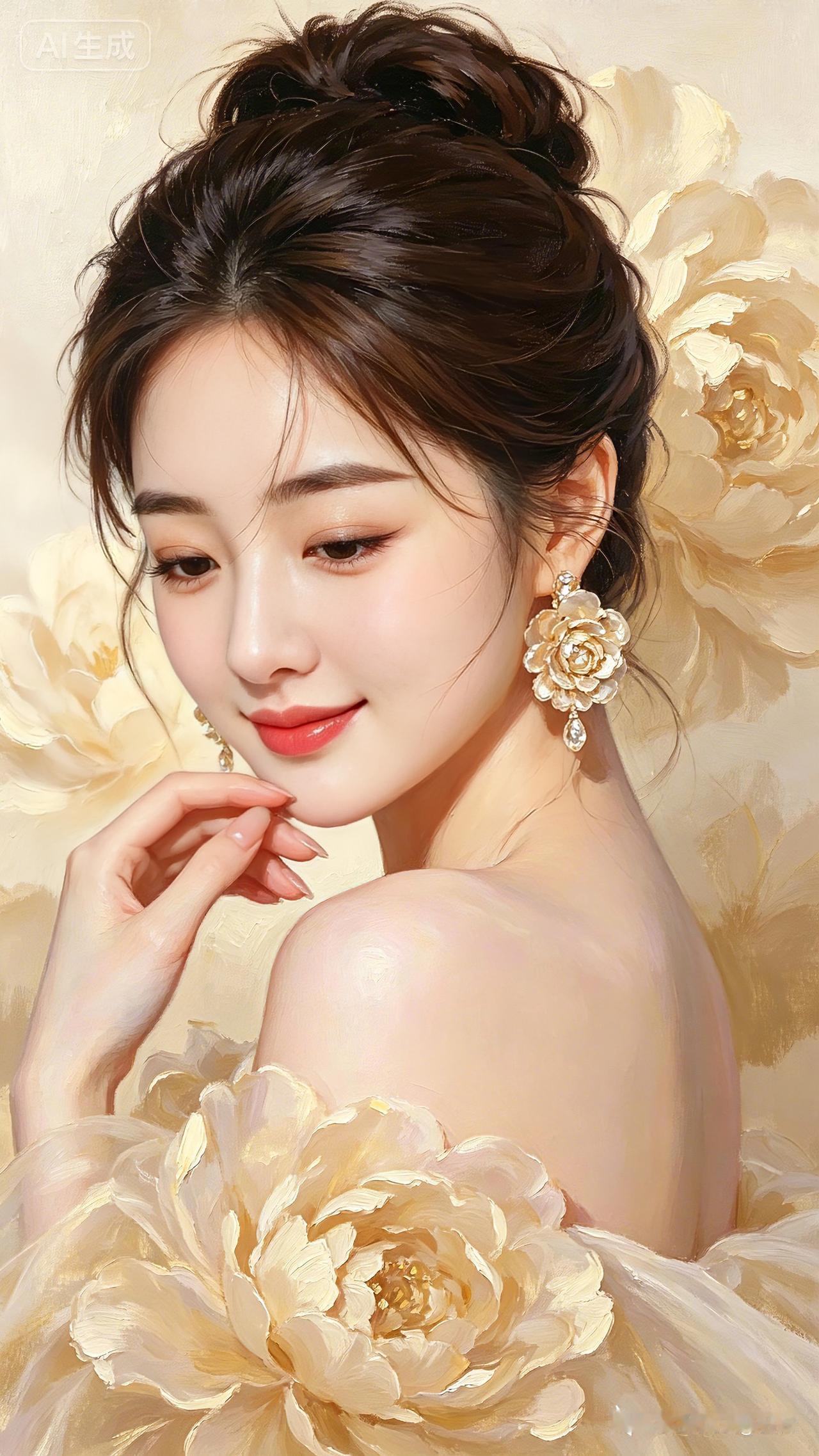 牡丹雅韵
高挽云髻貌如花，
金摇耳坠衬芳华。
眉眼柔波含浅笑，
身姿温婉韵堪夸。