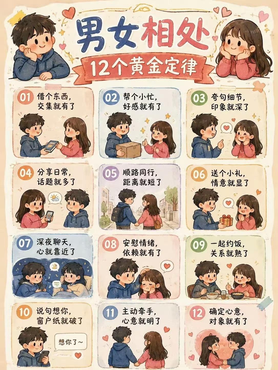✨男女交往12条黄金定律，关系是一点点升温的
✅借个东西，交集就有了
✅帮个小忙