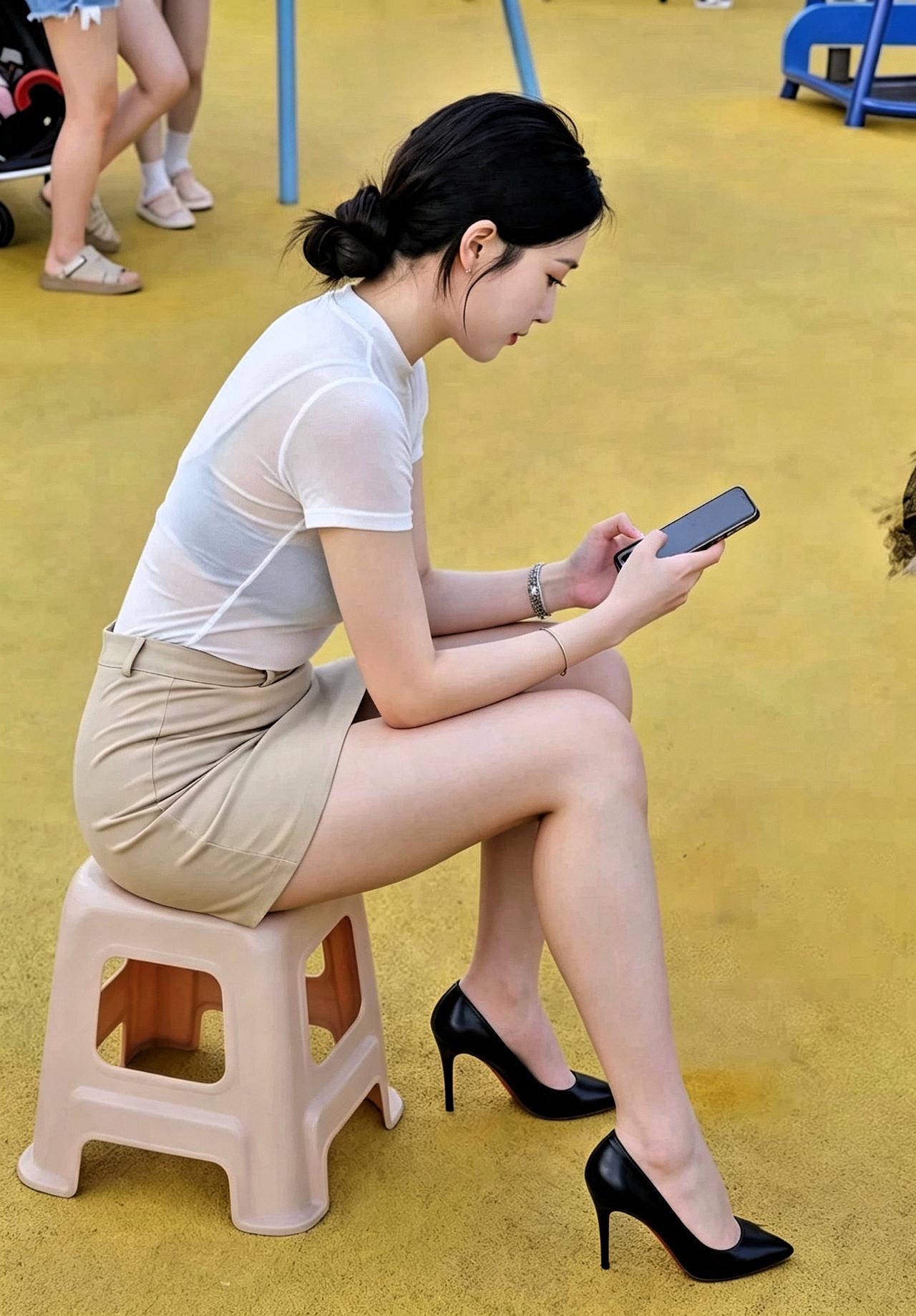 来一张在幼儿园等待接孩子的一位妈妈，她是一位清秀文雅有内涵的妈妈。