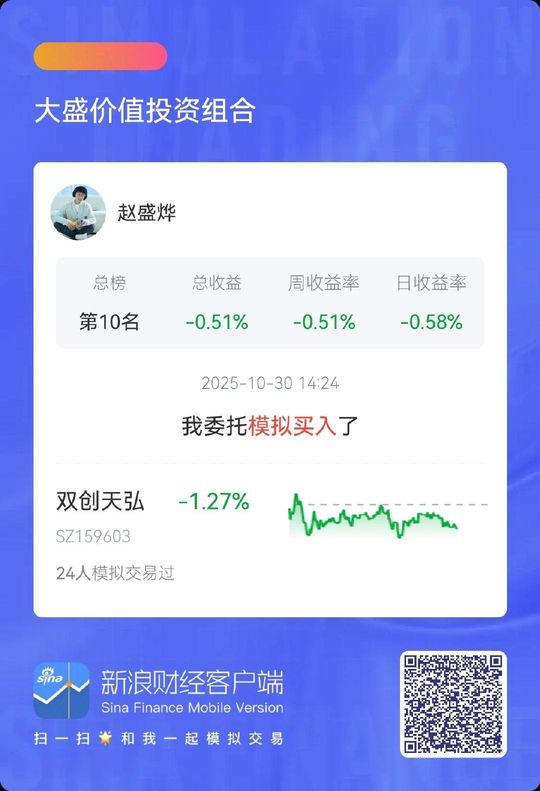 晒单时间到！分享我在大盛价值投资组合 $双创龙头ETF sz159603$  ​