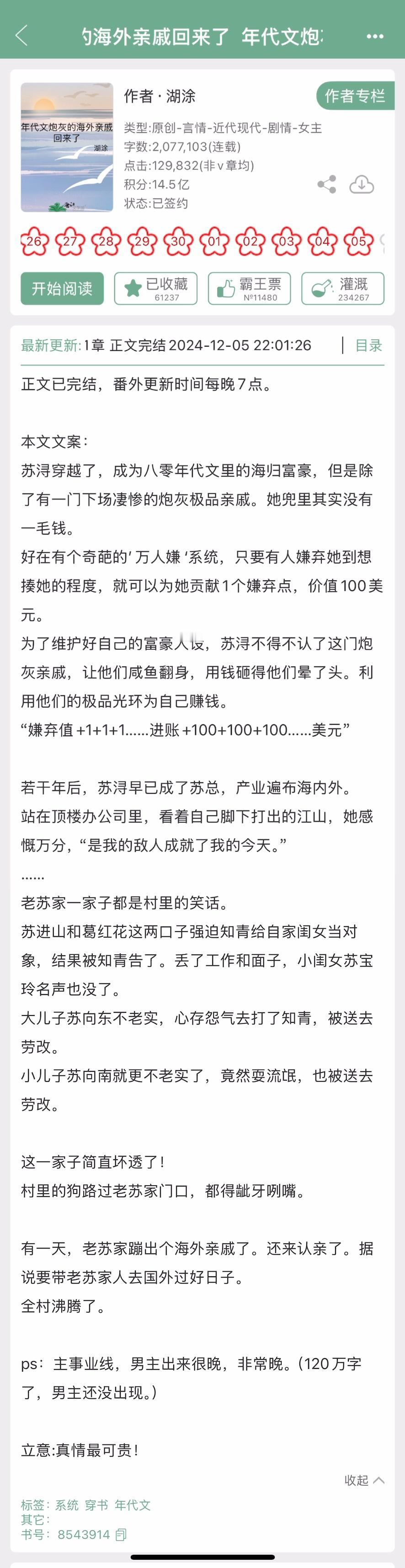 糊涂的《年代文炮灰的海外亲戚回来了》完结啦！主事业线的年代文，看过的姐妹来反馈一