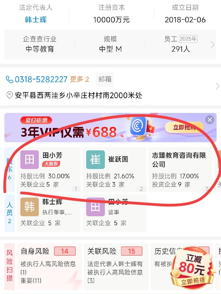民办学校2元转让价值8亿40％股权。
安平县志臻高级中学股权情况：
一、6名持股