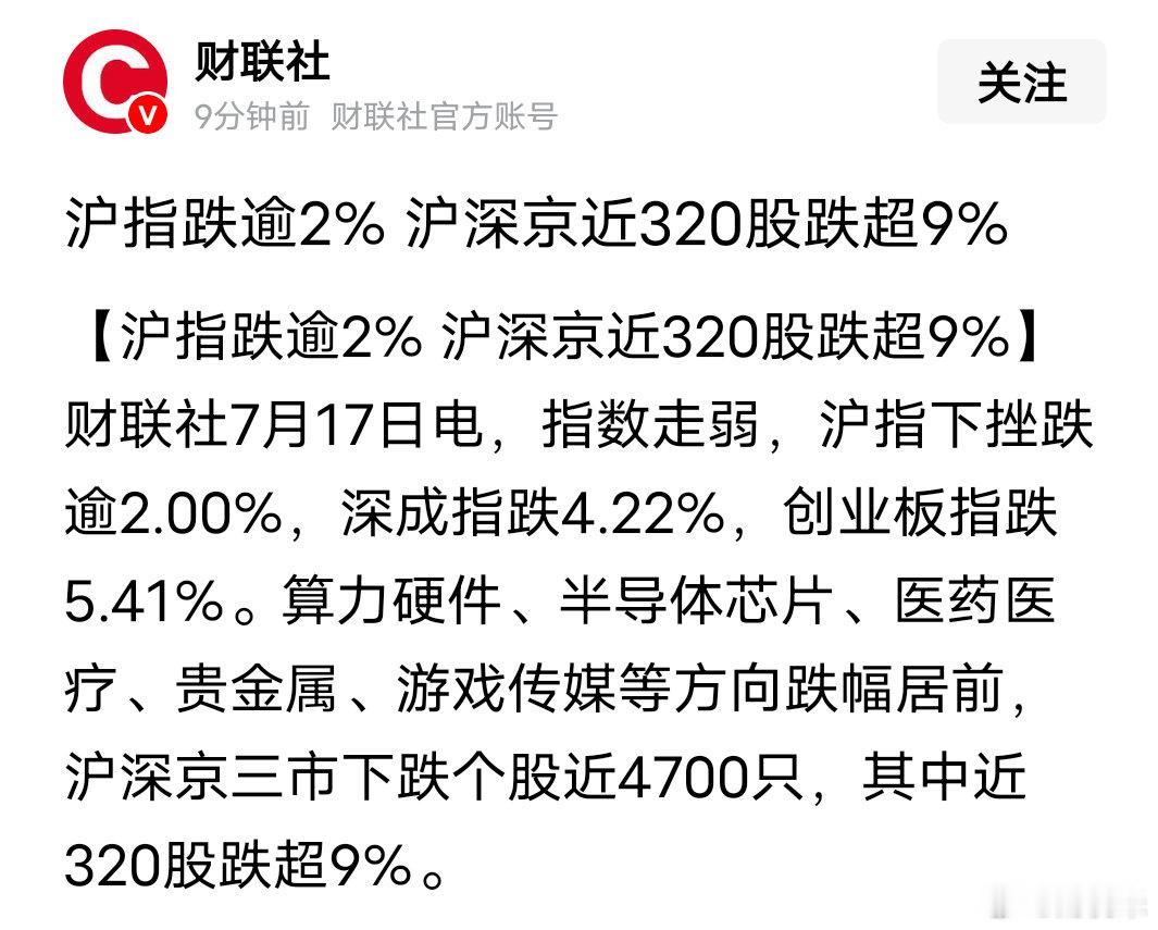 📉7月17日午间盘面速报，市场恐慌情绪扩散财联社最新数据：沪指大跌超2%，深成