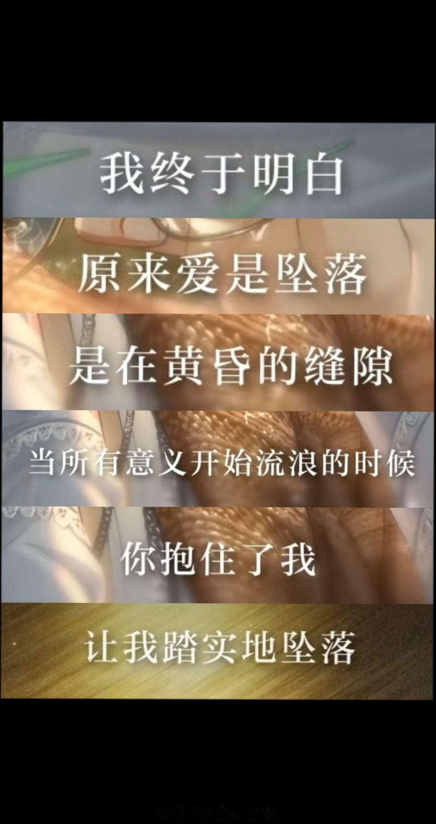 “原来爱是坠落是在黄昏的缝隙当所有意义开始流浪的时候你抱住了我让我踏实的坠落”陆