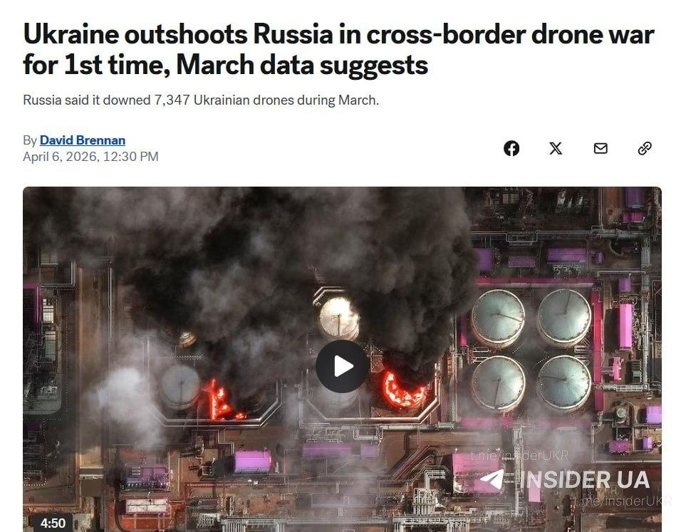 据美国ABC News报道，3月数据显示，乌克兰在跨境无人机战中首次反超俄罗斯，