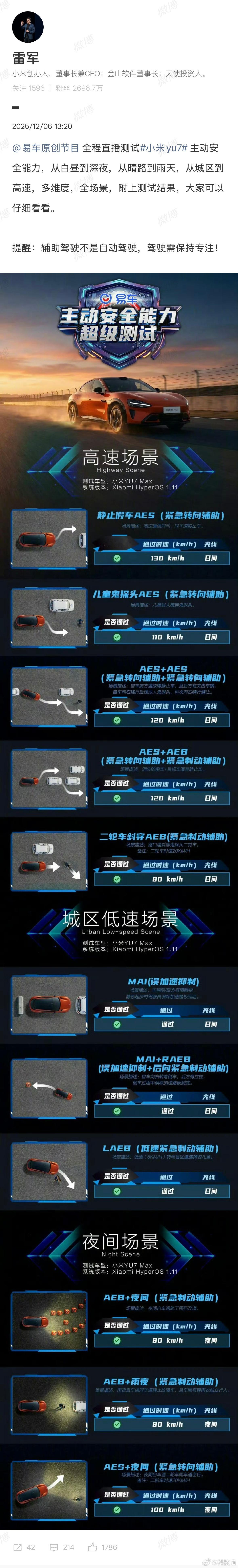 雷军回应易车小米YU7安全能力测试雷军：辅助驾驶不是自动驾驶，驾驶需保持专注！ 