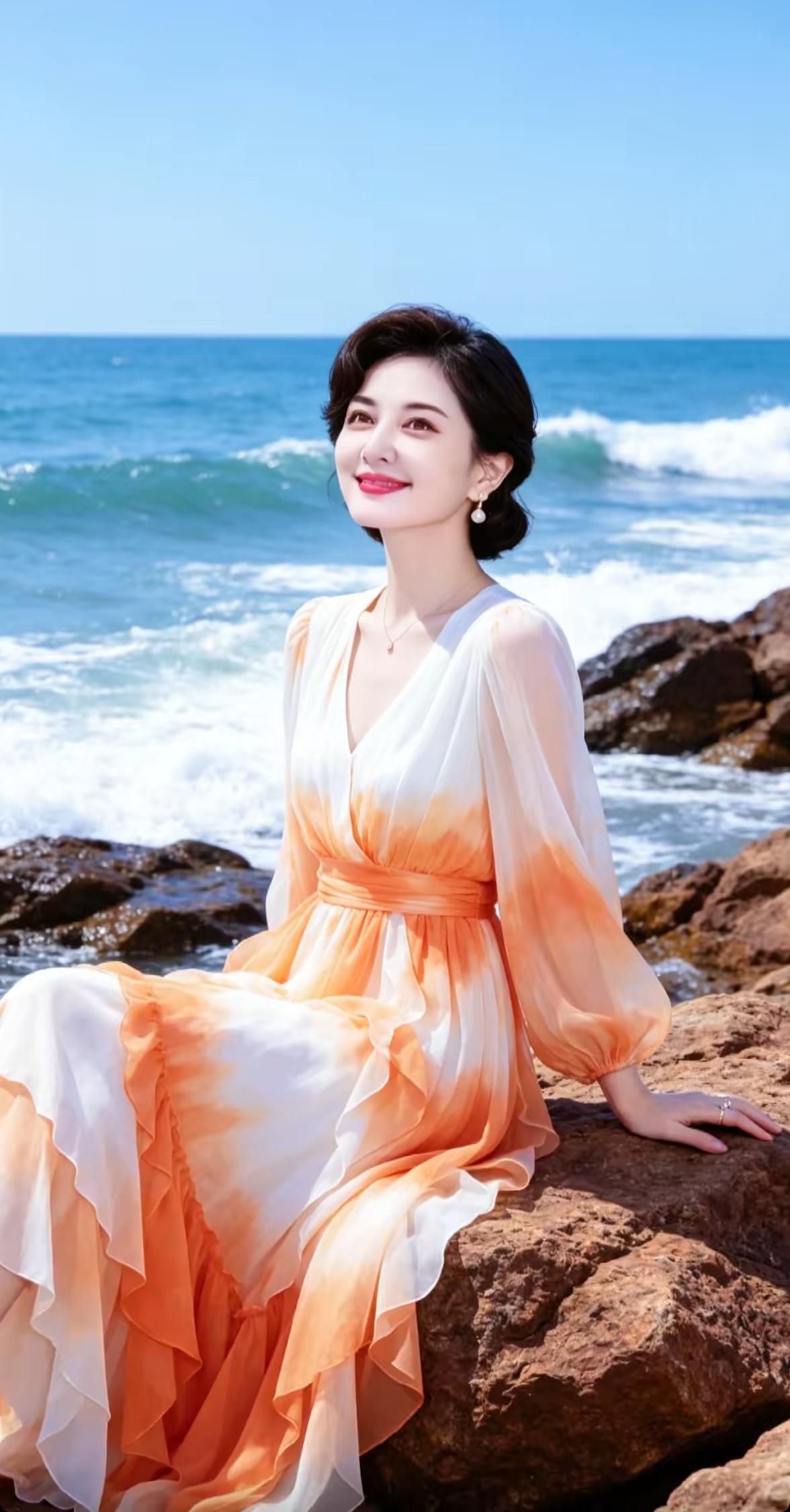 海边美女穿橙色长裙，笑得好温柔。