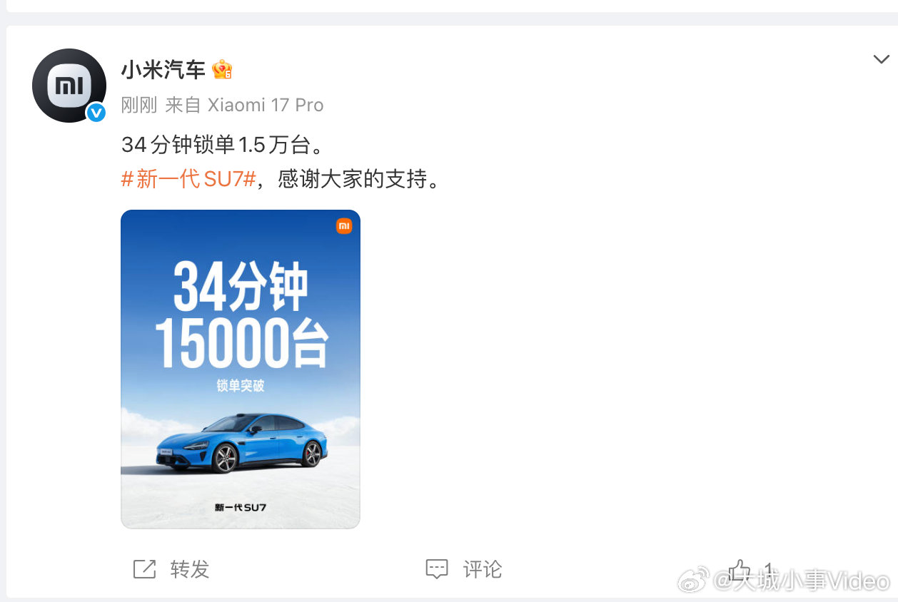 【新一代SU734分钟锁单1.5万台】3月19日，宣布新一代SU734分钟锁单1