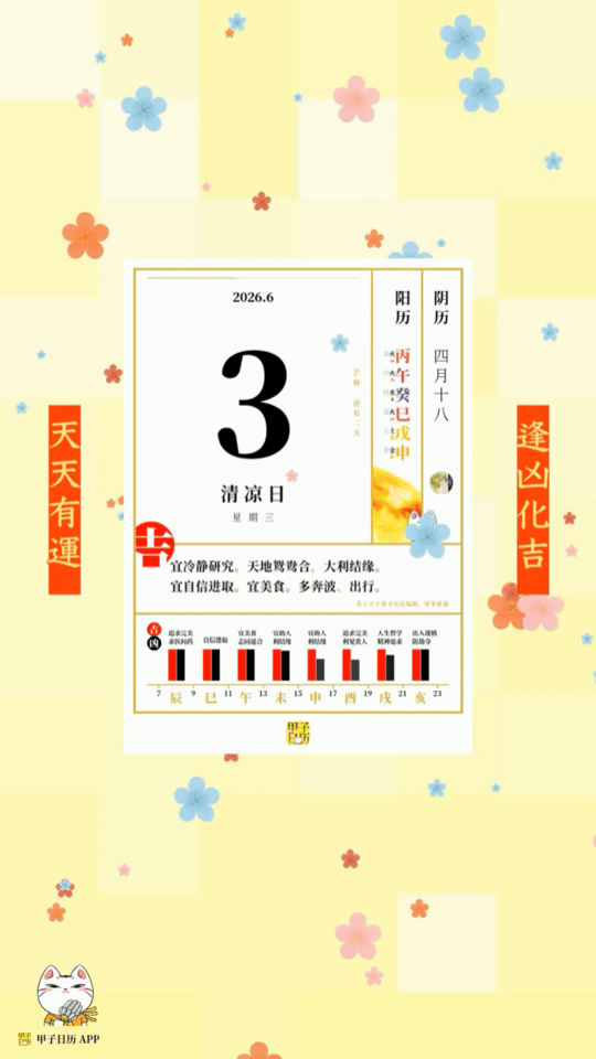 甲子日历 6 月 3 日，清凉日。宜冷静研究。天地鸳鸯合，大利结缘。📆 星座人