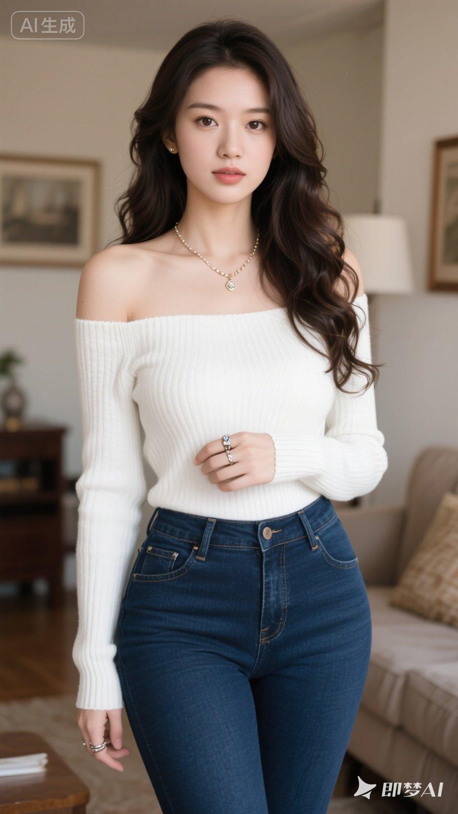 温柔甜美的白毛衣搭配牛仔裤，简约又时尚！