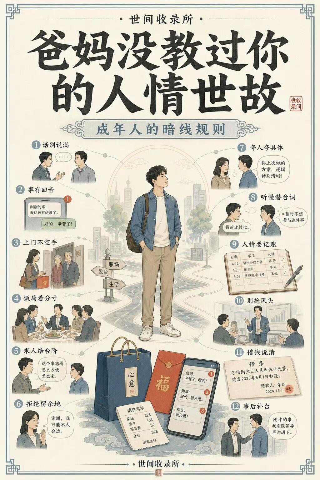 10条人情世故：

1. 不关系到生死的病，自己住院，自己出院，不要打扰任何人，