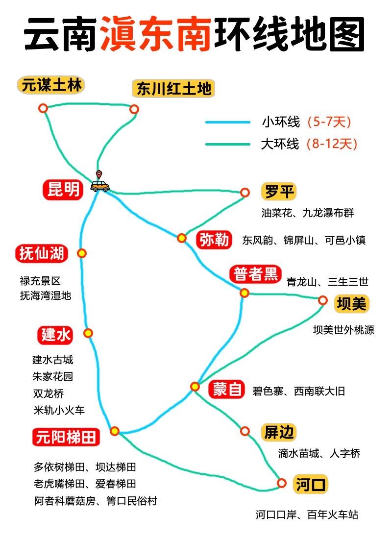 滇东南环线景点的图。滇东南是云南的一个小众板块，自然景观的天花板！这里...