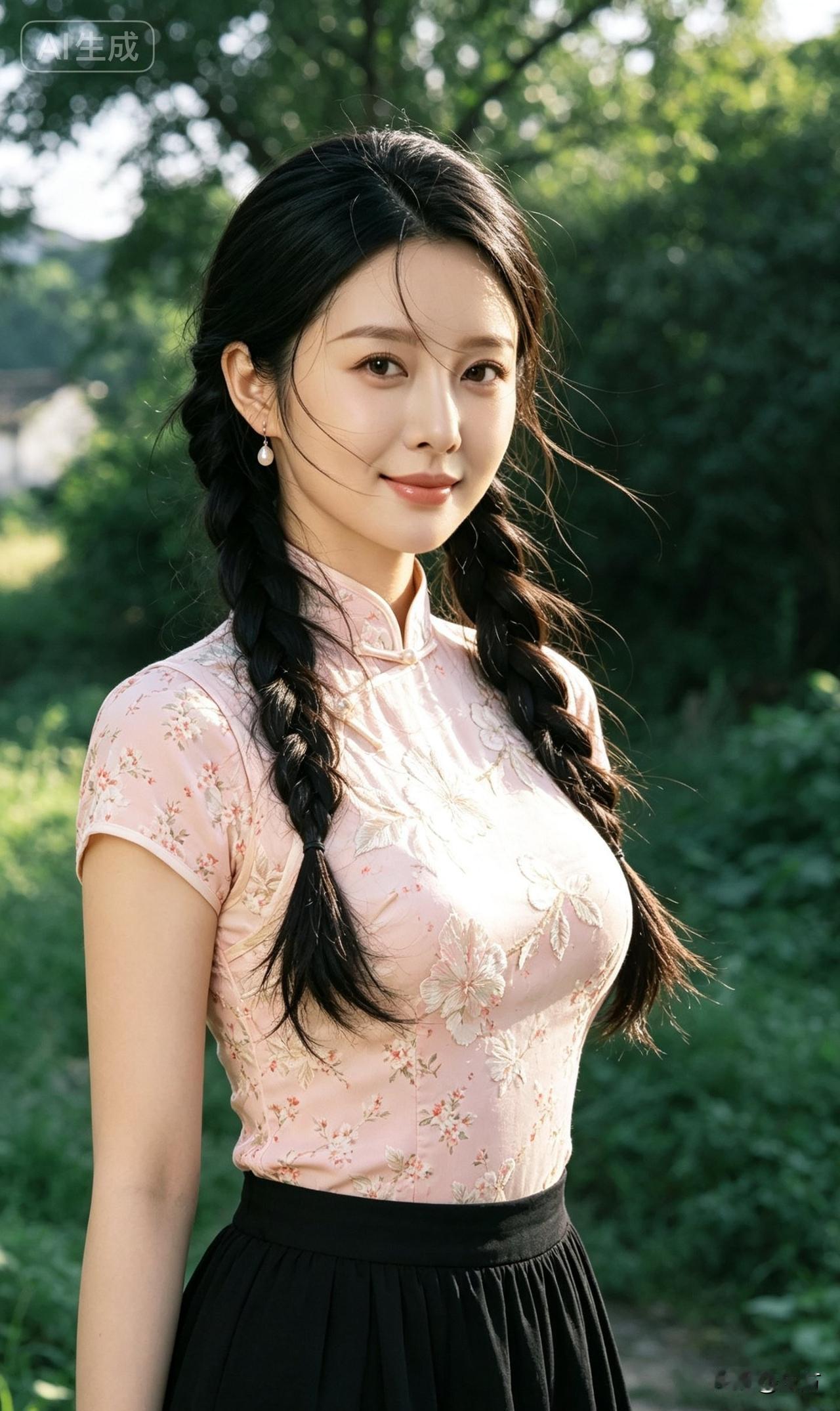 优雅旗袍美女，绿意盎然中绽放东方魅力。