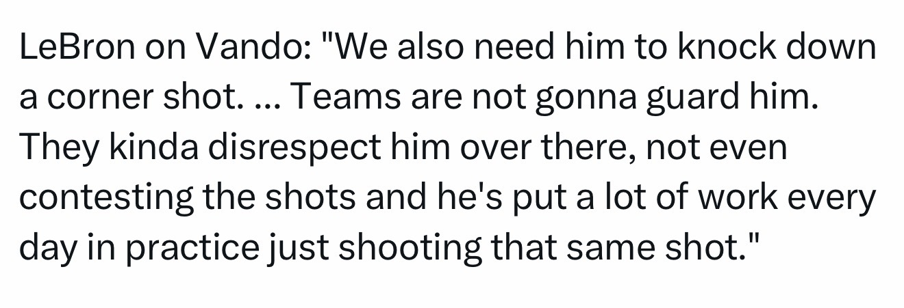 詹姆斯继续谈范德彪：“我们还需要他投进底角球……其他球队根本不会防守他。他们有点