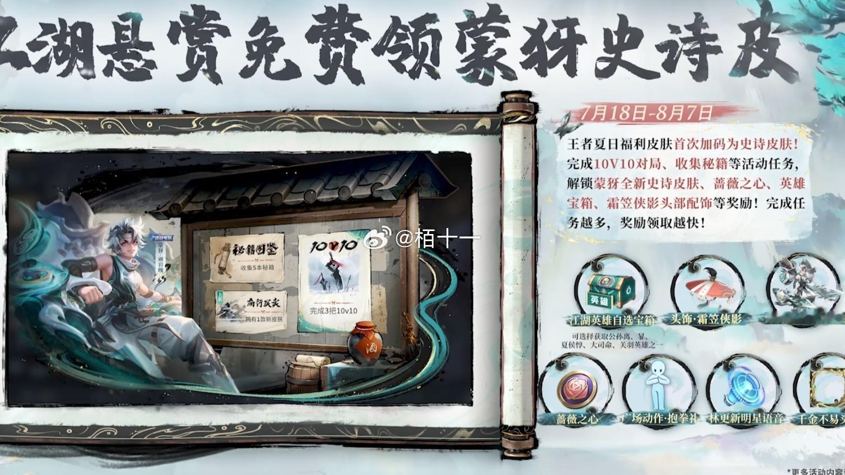 蒙犽全新史诗皮肤免费的，感觉有点像伴生[doge]敖隐返场最低388点券，5大限