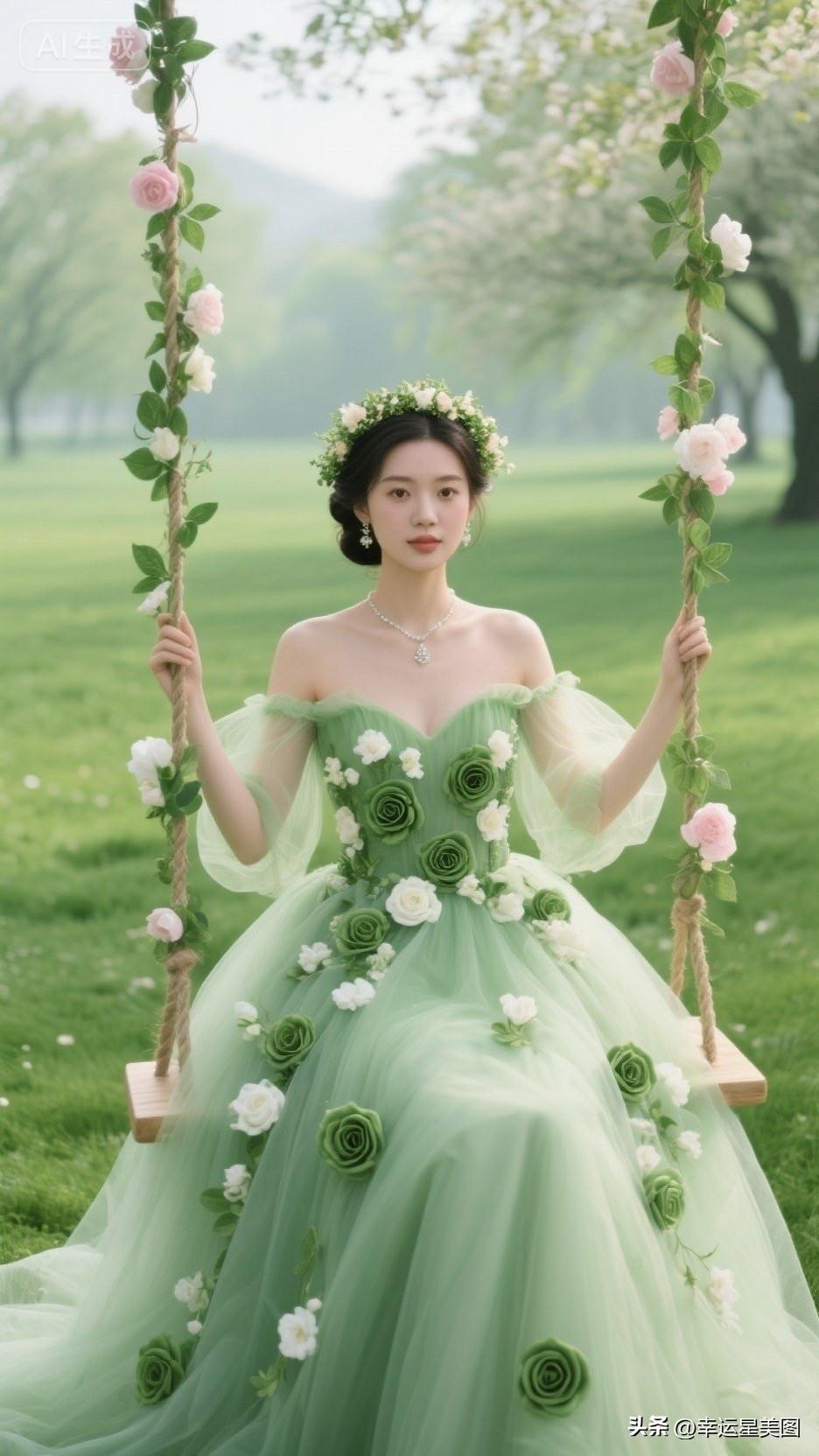 她穿着花裙子坐在秋千上，好美！
