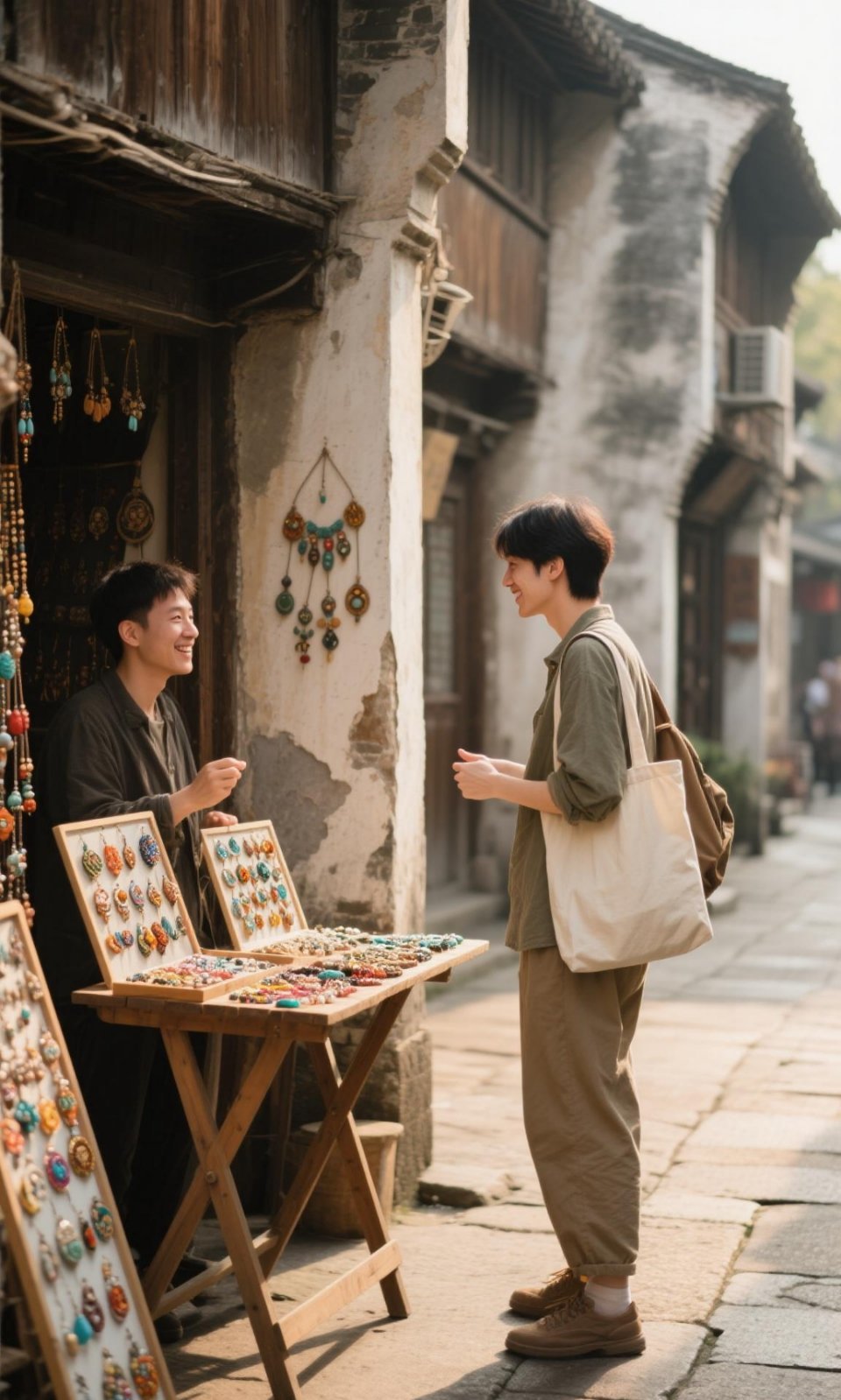 年轻人开始流行旅游摆摊了背个帆布包，在古城街角支个小桌卖手作饰品，游客逛累了停下