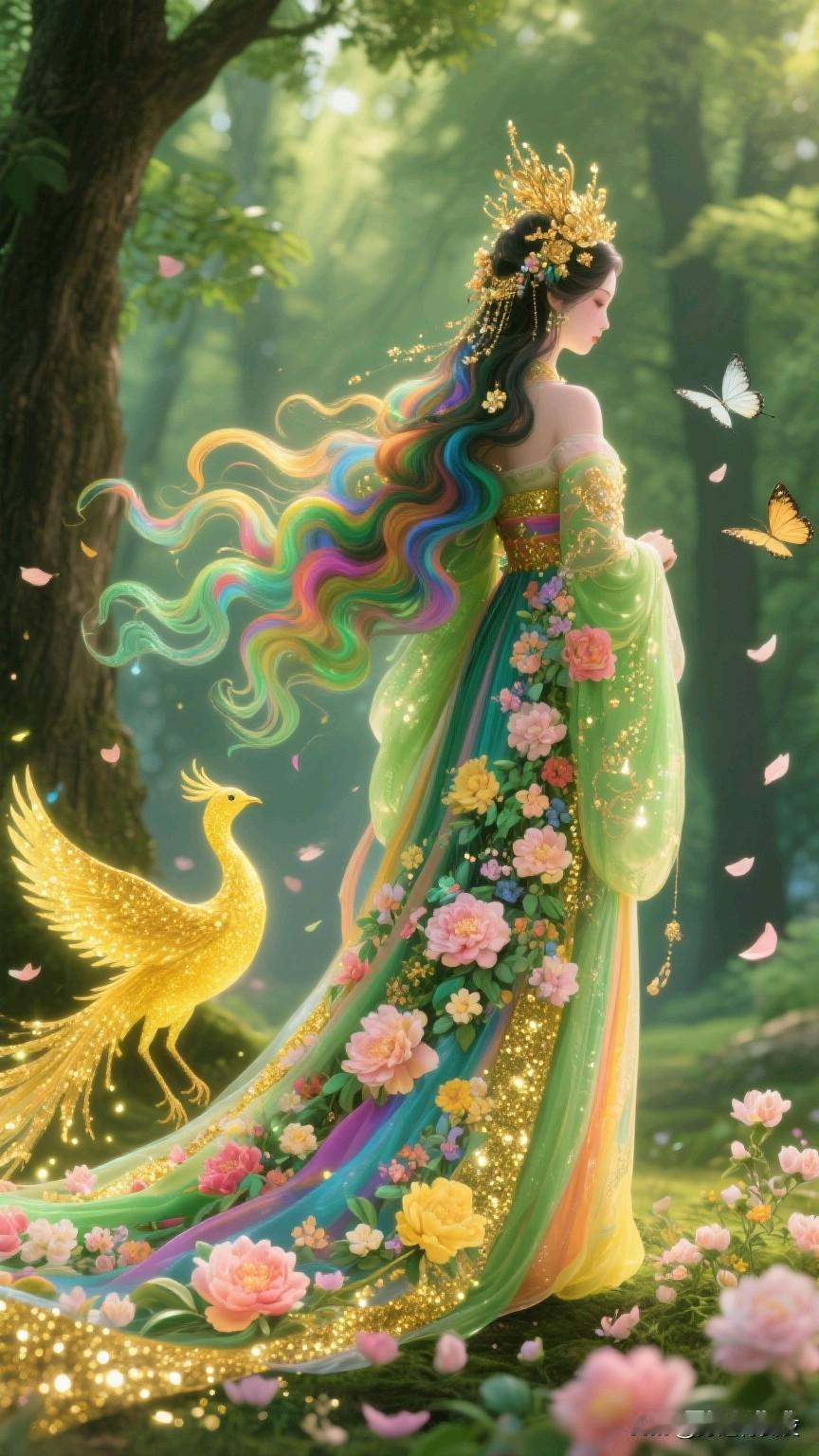想象一下，在那神秘的梦幻森林里，有一位仙女宛如精灵般存在。她有着彩虹般绚丽的发丝