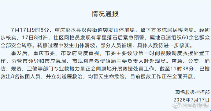 【重庆通报彭水山体垮塌】重庆彭水已搜救出8名被困者7月17日，据彭水发布：7月1