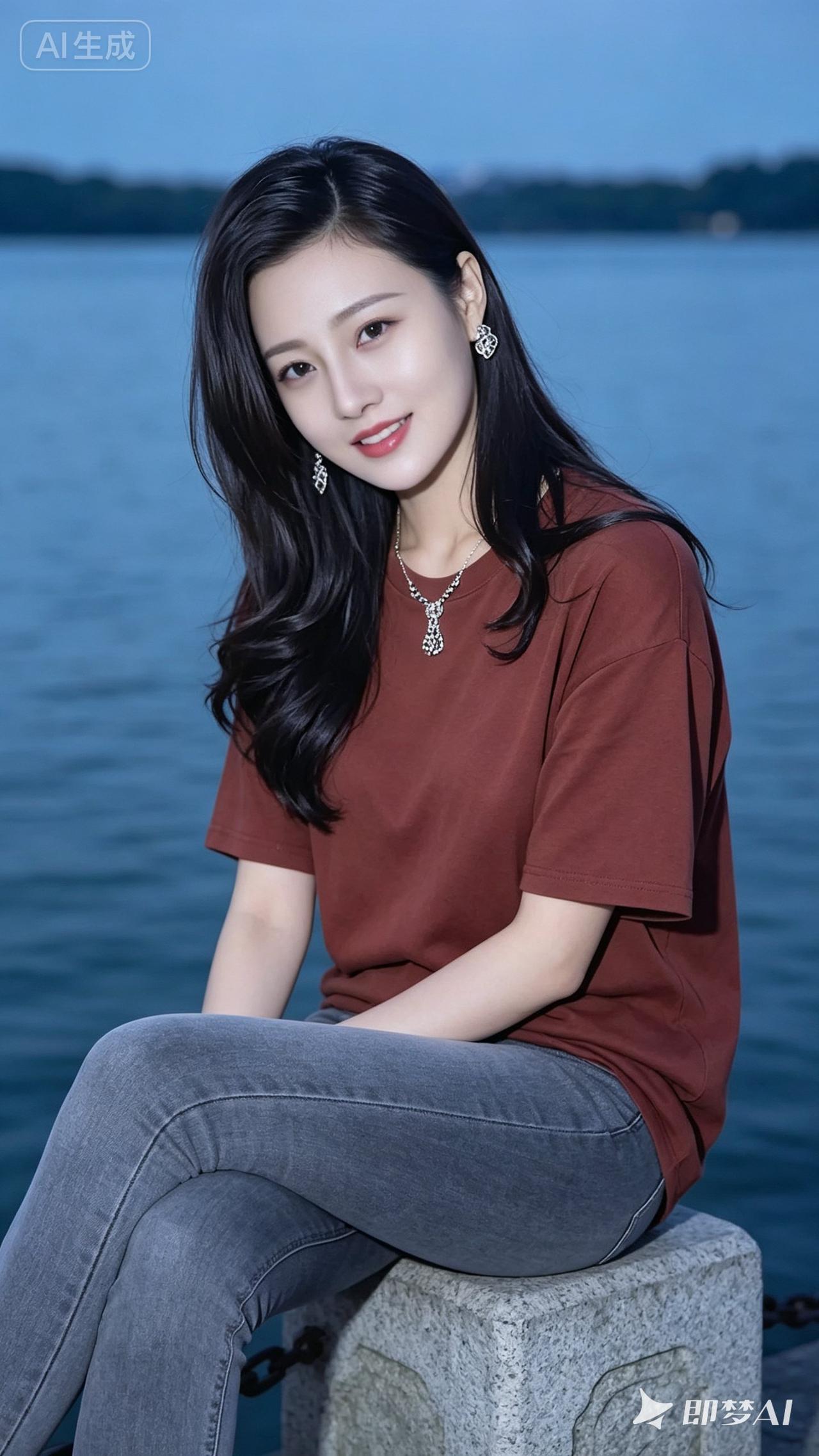 海边少女，温柔微笑，夏日清新穿搭