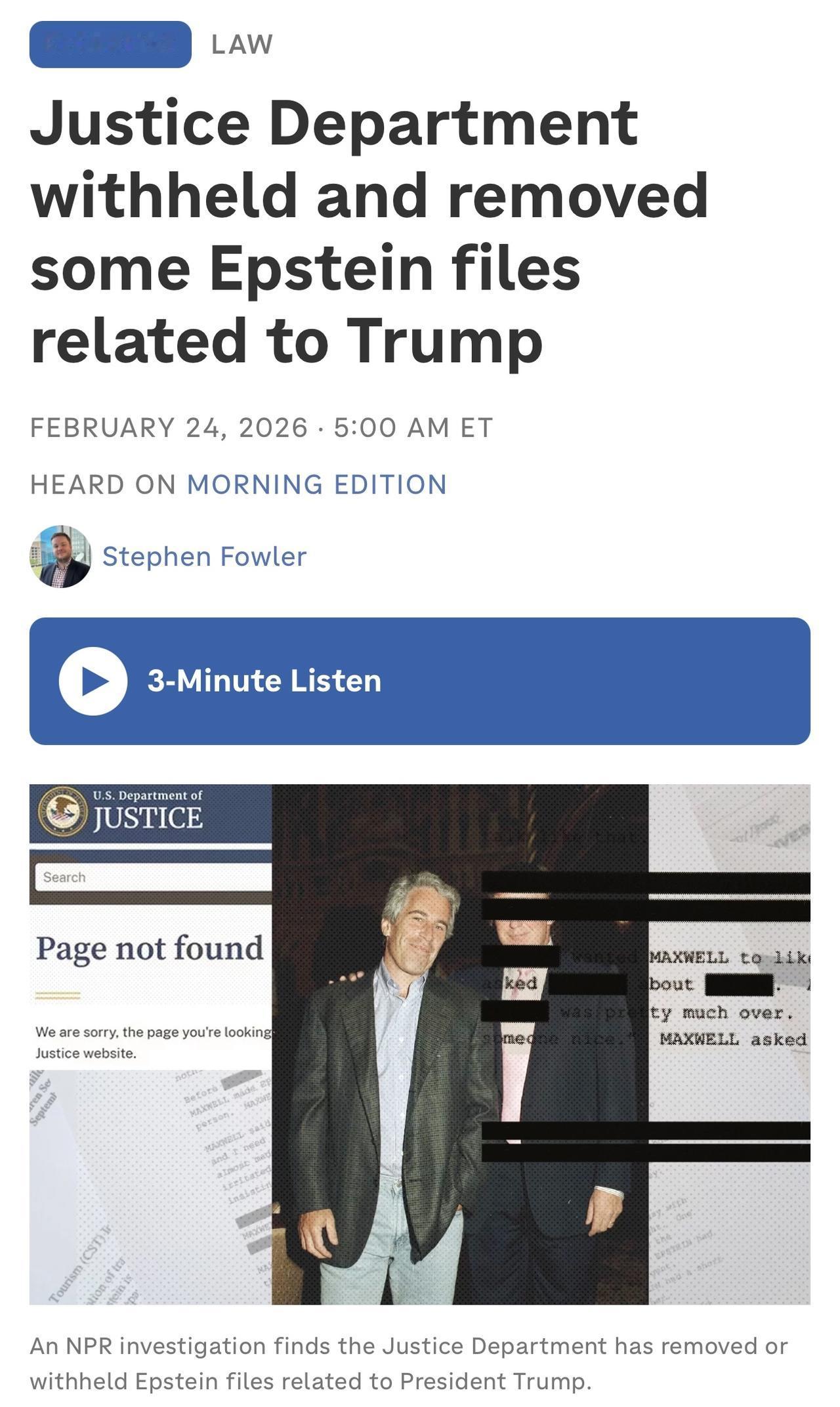 美国国家公共电台的一项调查发现，司法部扣留了一些与特朗普总统性侵未成年人指控有关