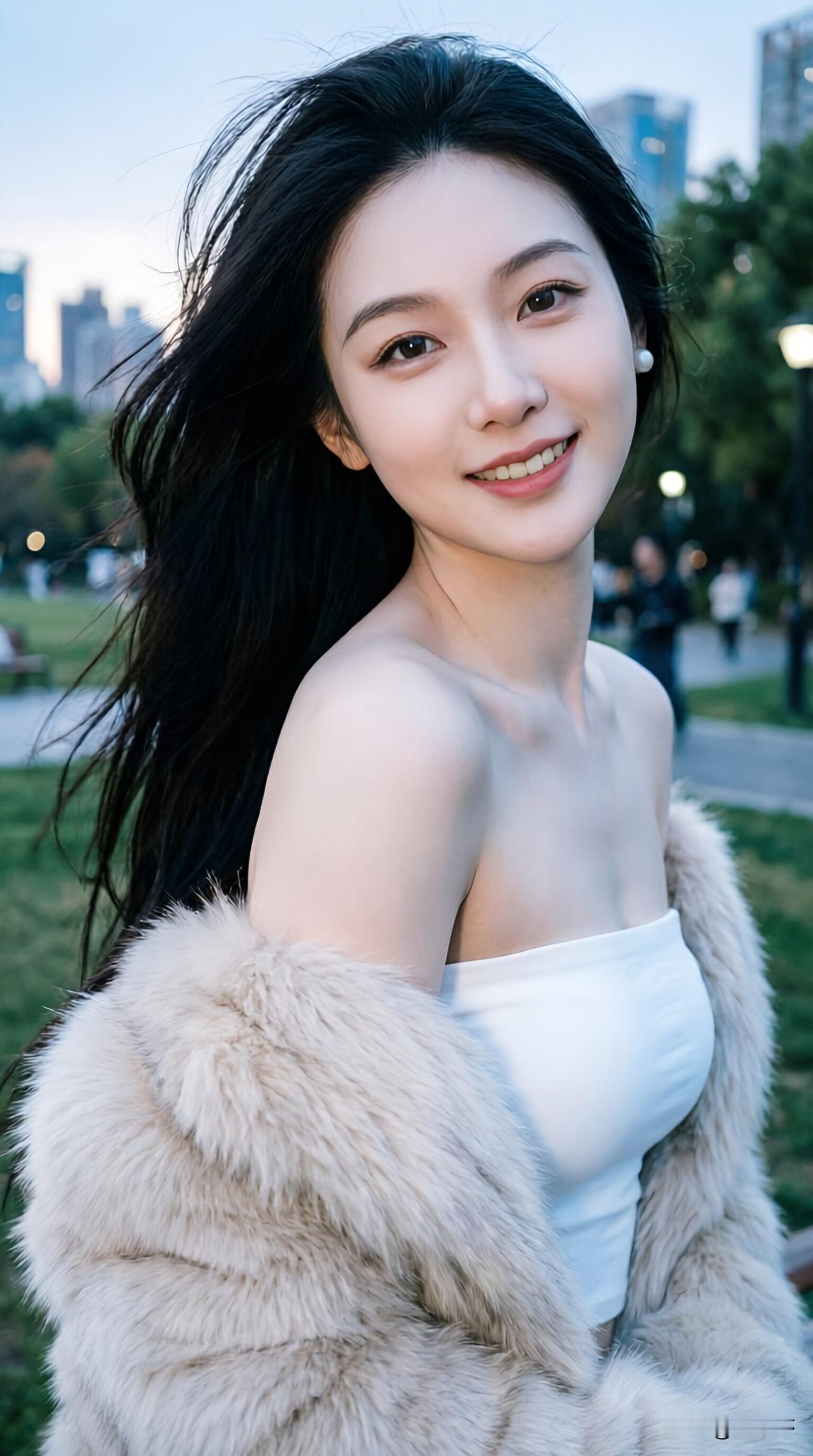 你见过傍晚公园里像从画里走出来的姐姐吗？那天我穿了件白色抹胸裙，外搭米白毛绒外套